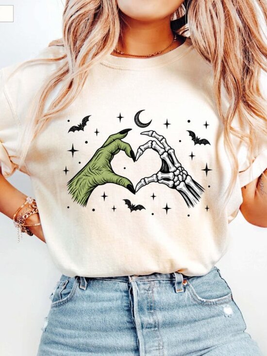 Tops - Halloween Skeleton Heart Hands T-Shirt, Spooky Hand Love Shirt